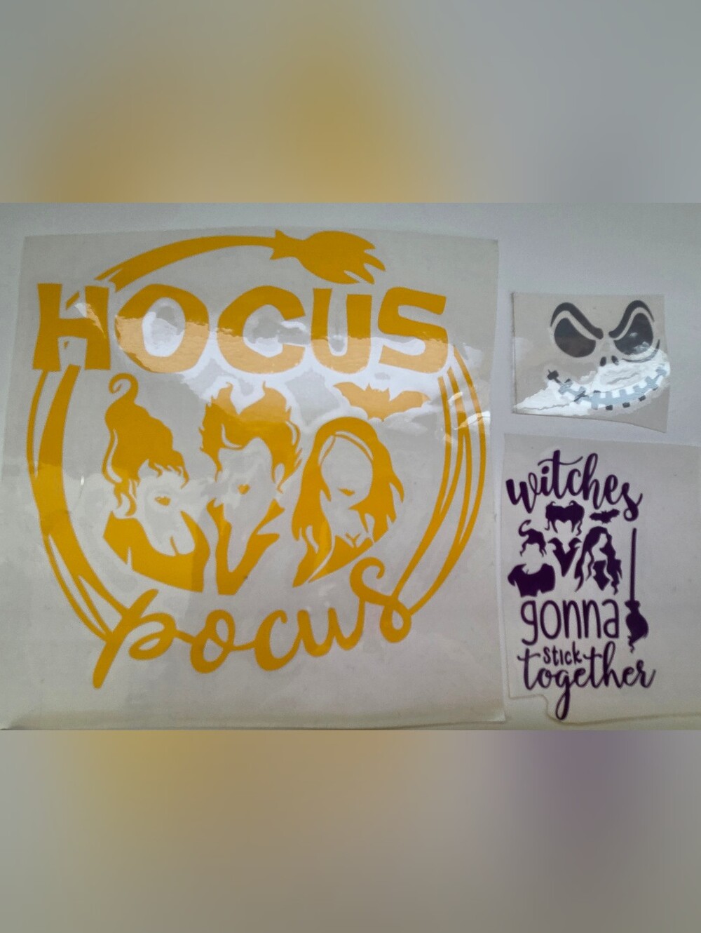 Halloween Decal Stickers - Yellow 'Hocus Pocus' Design X2 And 1 Jack Skully